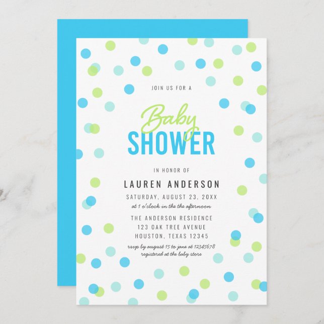 Blue Aqua Green Confetti Baby Shower Invitation (Front/Back)