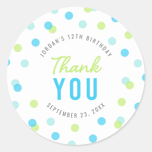 Blue Aqua Green Confetti Birthday Thank You Classic Round Sticker