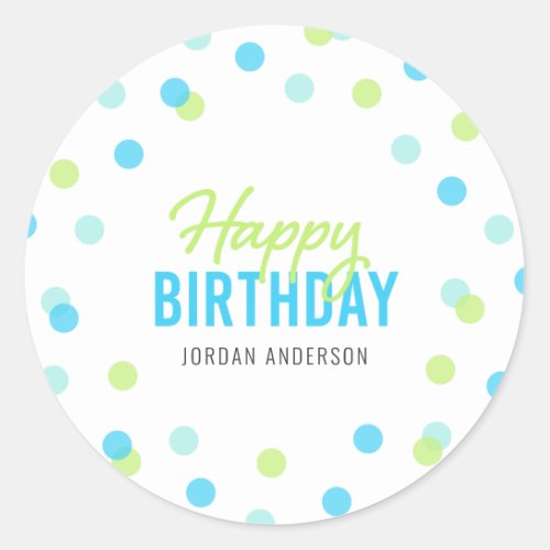 Blue Aqua Green Confetti Happy Birthday Classic Round Sticker