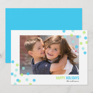 Blue Aqua Green Confetti Photo Happy Holidays Card