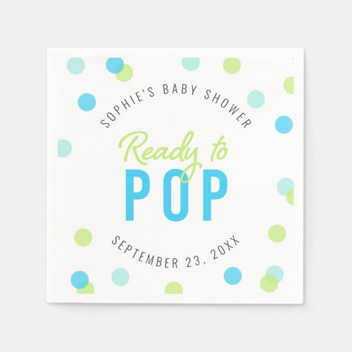 Blue Aqua Green Confetti Ready to Pop Baby Shower Napkins