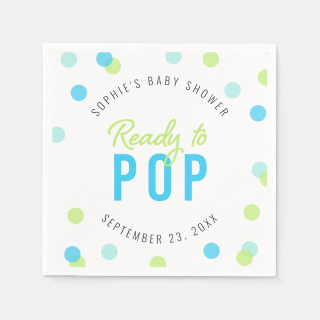 Blue Aqua Green Confetti Ready to Pop Baby Shower Napkins (Front)