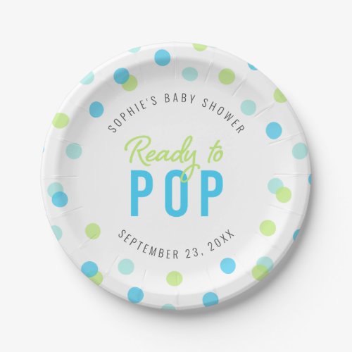 Blue Aqua Green Confetti Ready to Pop Baby Shower Paper Plates