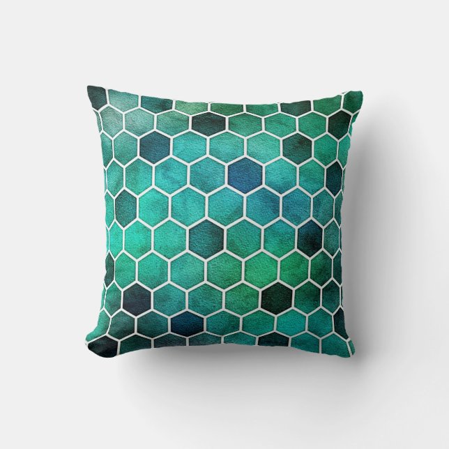 Blue, Aqua, Green Hexagonal Pattern Pillow (Front)