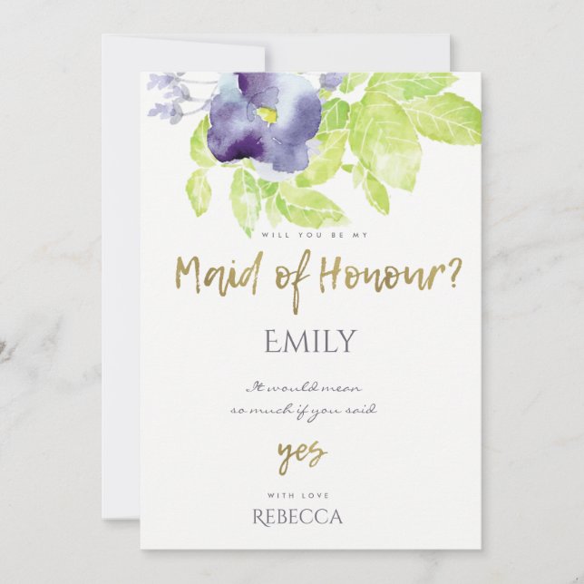 BLUE AQUA INK WATERCOLOUR FLORAL MAID OF HONOUR INVITATION (Front)
