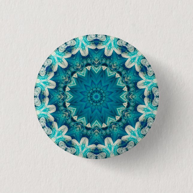 Blue Aqua Mandala Rosette Retro Hippie Button (Front)