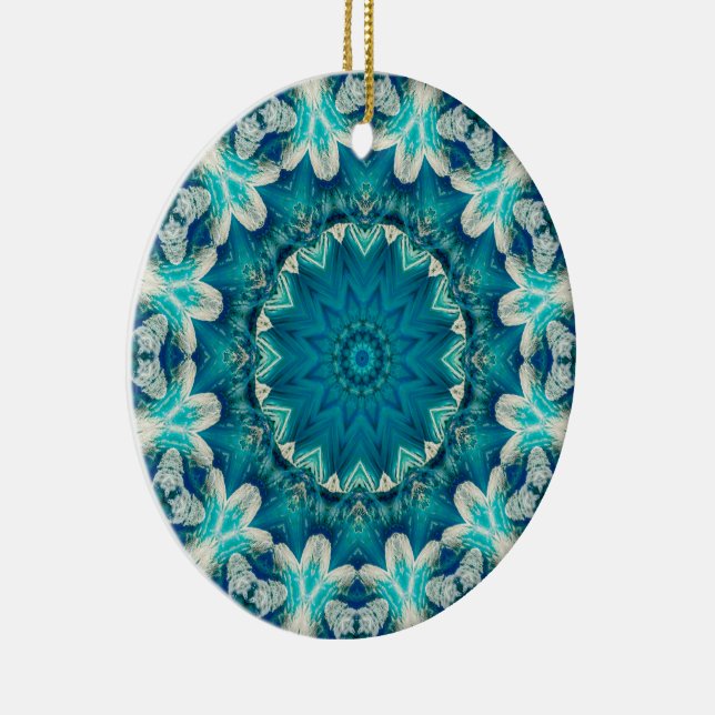 Blue Aqua Mandala Rosette Retro Hippie Ceramic Ornament (Right)