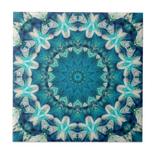 Blue Aqua Mandala Rosette Retro Hippie Ceramic Tile