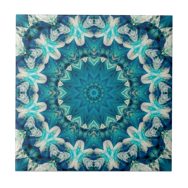 Blue Aqua Mandala Rosette Retro Hippie Ceramic Tile (Front)
