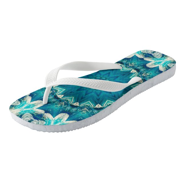 Blue Aqua Mandala Rosette Retro Hippie Flip Flops (Angled)