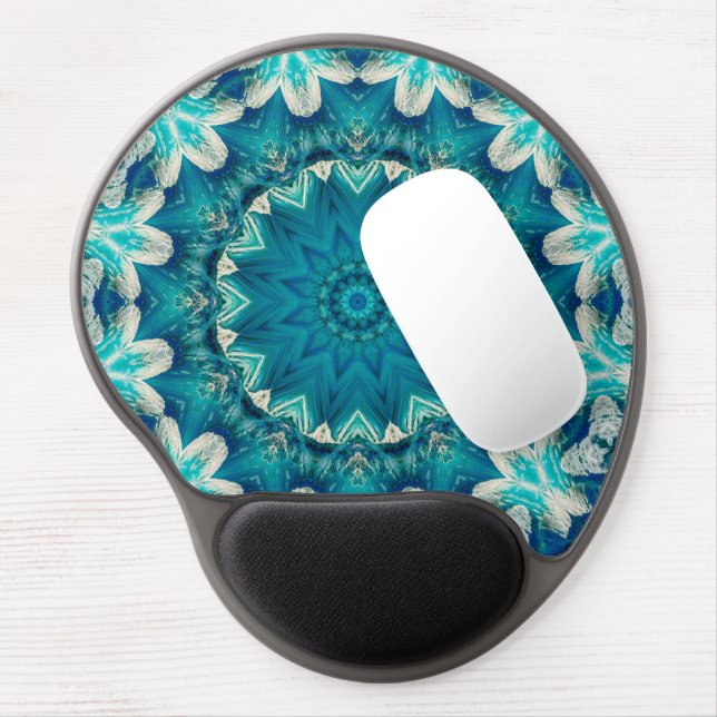 Blue Aqua Mandala Rosette Retro Hippie Gel Mouse Pad (Left Side)