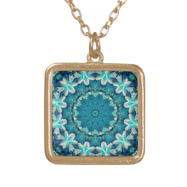 Blue Aqua Mandala Rosette Retro Hippie Gold Plated Necklace (Front)