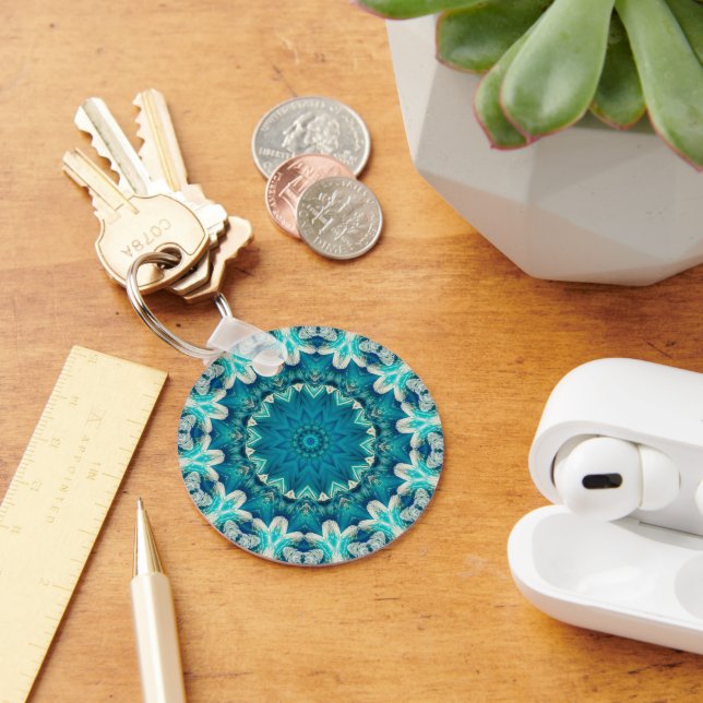 Blue Aqua Mandala Rosette Retro Hippie Keychain (Desk)