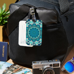 Blue Aqua Mandala Rosette Retro Hippie Luggage Tag
