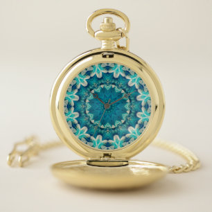 Blue Aqua Mandala Rosette Retro Hippie Pocket Watch