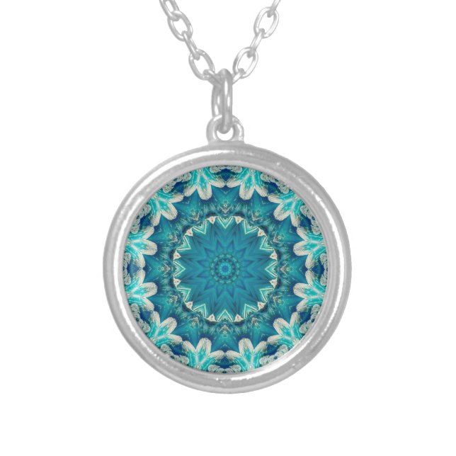 Blue Aqua Mandala Rosette Retro Hippie Silver Plated Necklace (Front)