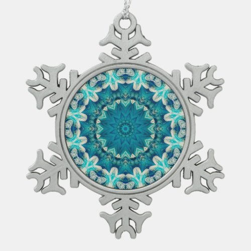 Blue Aqua Mandala Rosette Retro Hippie Snowflake Pewter Christmas Ornament