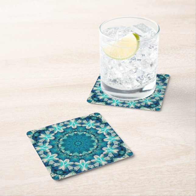 Blue Aqua Mandala Rosette Retro Hippie Square Paper Coaster (Insitu)