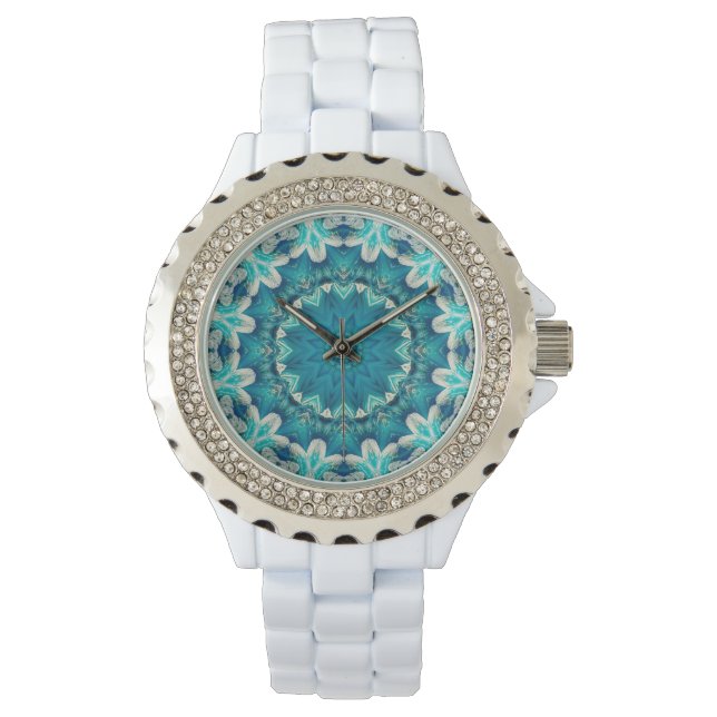 Blue Aqua Mandala Rosette Retro Hippie Watch (Front)