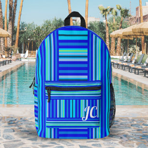 Blue Aqua Marine Stripes Abstract Pattern Monogram Printed Backpack