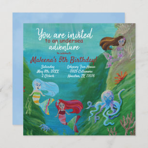 Blue, Aqua Mermaids, Octopus Birthday Invitation