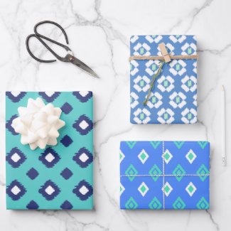 Blue, Aqua & Mint Tribal Diamond Ikat Pattern Wrap Wrapping Paper Sheets