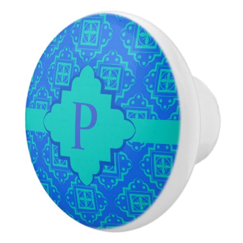 Blue Aqua Monogram Arabesque Moroccan Graphic Ceramic Knob