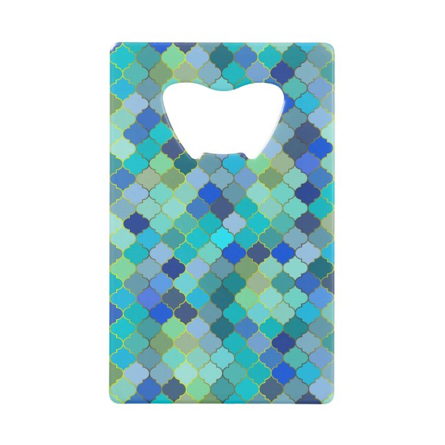 Blue Aqua Moroccan Mosaic Credit Card Bottle Opener (Front)
