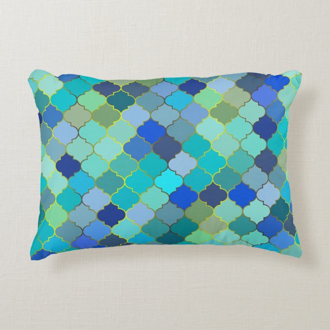 Blue Aqua Moroccan Mosaic Pattern Accent Pillow (Front)