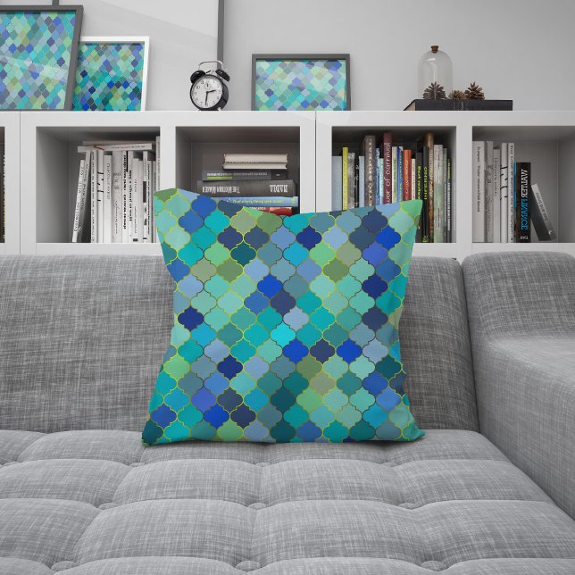 Blue Aqua Moroccan Mosaic Pattern Throw Pillow (Blue Aqua Moroccan Mosaic Pattern Throw Pillow by Looly Elzayat)