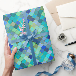 Blue Aqua Moroccan Mosaic Pattern Wrapping Paper