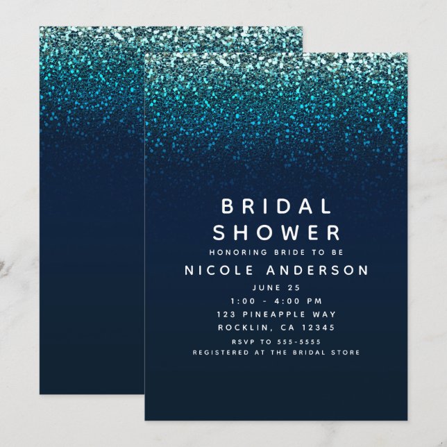 Blue Aqua Navy Glitter Sparkle Bridal Shower Invitation (Front/Back)