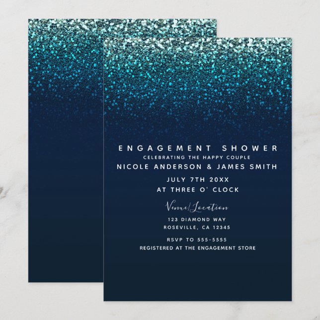 Blue Aqua Navy Glitter Sparkle Modern Engagement Invitation (Front/Back)