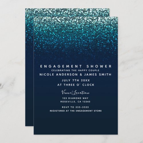 Blue Aqua Navy Glitter Sparkle Modern Engagement Invitation