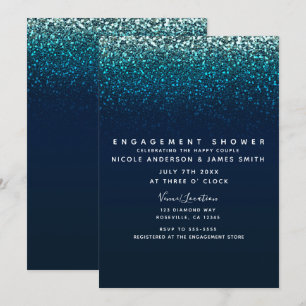 Blue Aqua Navy Glitter Sparkle Modern Engagement Invitation