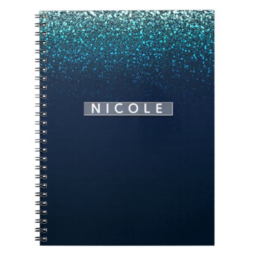 Blue Aqua Navy Glitter Sparkle Modern Girly Glam Notebook