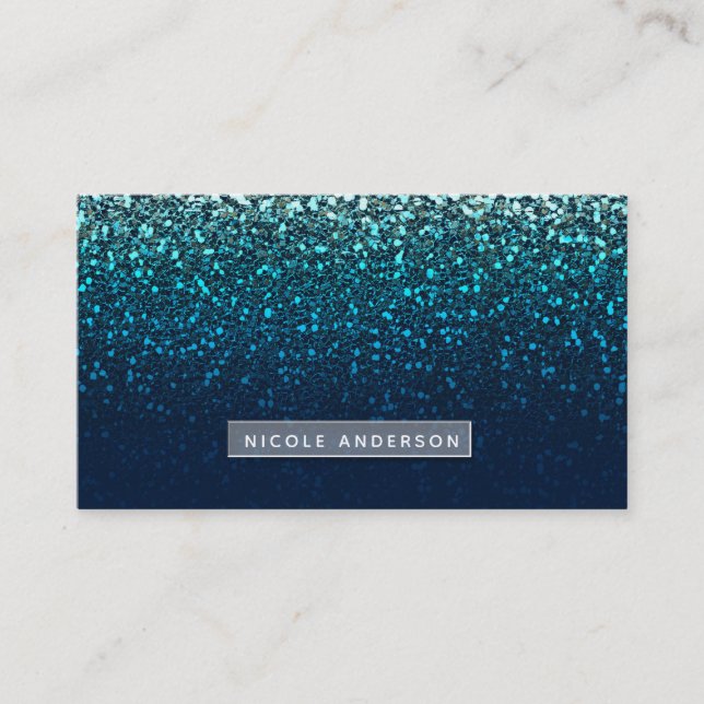 Blue Aqua Navy Glitter Sparkle Modern Glam Chic Business Card (Front)
