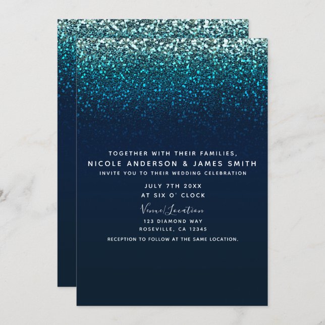 Blue Aqua Navy Glitter Sparkle Modern Glam Wedding Invitation (Front/Back)