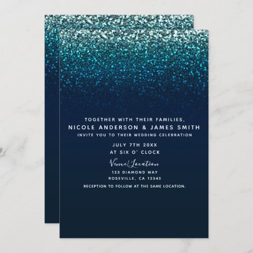 Blue Aqua Navy Glitter Sparkle Modern Glam Wedding Invitation