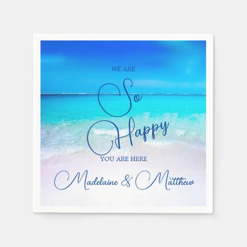 Blue Aqua Ocean Coastal Beach Wedding Engagement Napkins