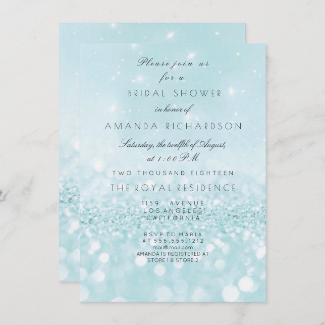 Blue Aqua Pastel Sparkly Glitter Bridal Shower Invitation (Front/Back)