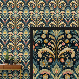 Blue Aqua Pink Yellow Art Nouveau Wallpaper