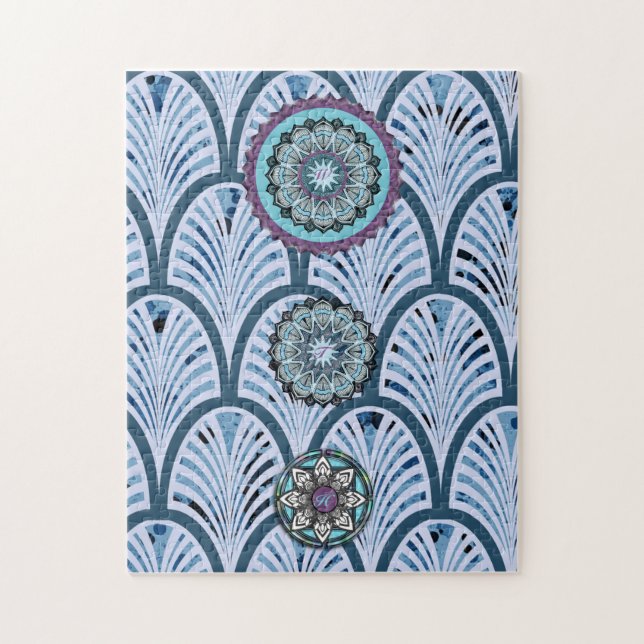 Blue Aqua Purple 3 Mandala Personalized Jigsaw Puzzle (Vertical)