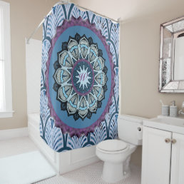 Blue Aqua Purple Monogram Mandala Shower Curtain