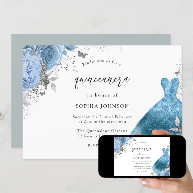 Blue Aqua Silver Dress & Flowers Quinceanera Invitation | Zazzle