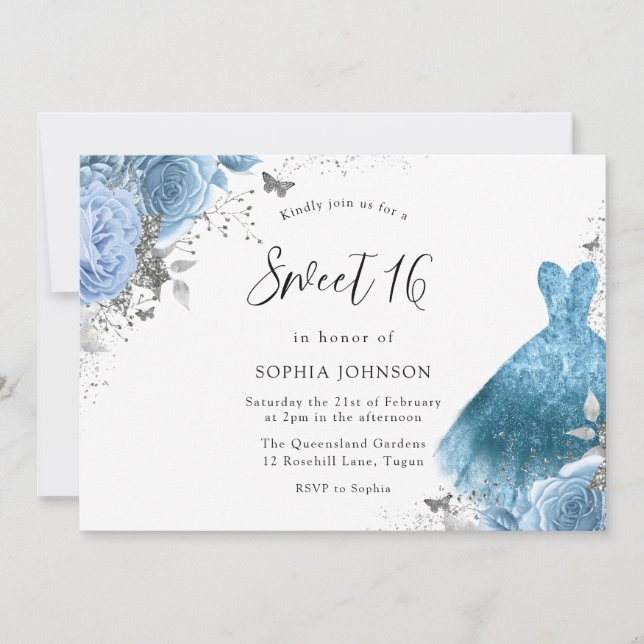 Blue Aqua Silver Dress & Flowers Sweet 16 Invitation (Front)