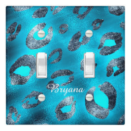 Blue Aqua &amp; Silver Leopard Print Glam Light Switch Cover