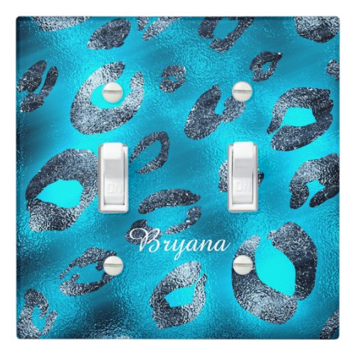 Blue Aqua  Silver Leopard Print Glam Light Switch Cover