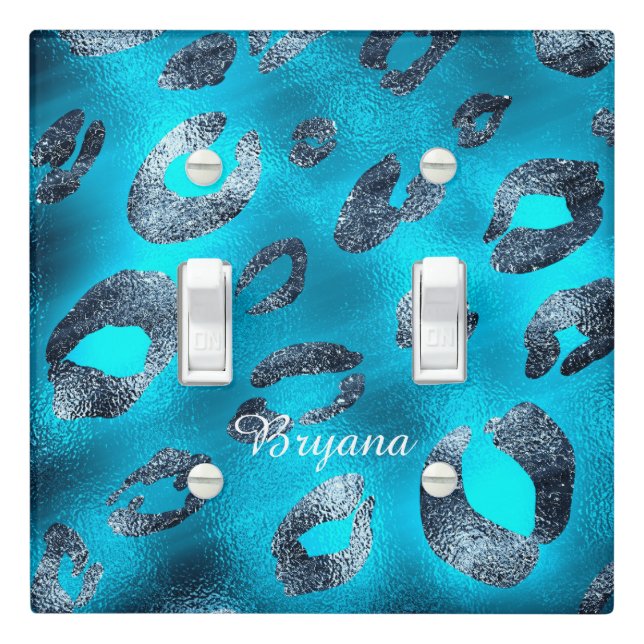 Blue Aqua & Silver Leopard Print Glam Light Switch Cover (In Situ)