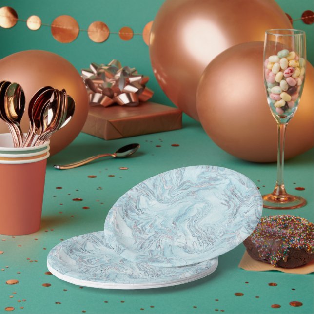 Blue Aqua Silver Marble Paper Plates (Multi)